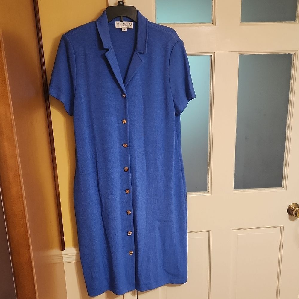 St. John Vintage Blue Shortsleeve Wool Blend Long Dress w/ Gold Buttons Size 14
